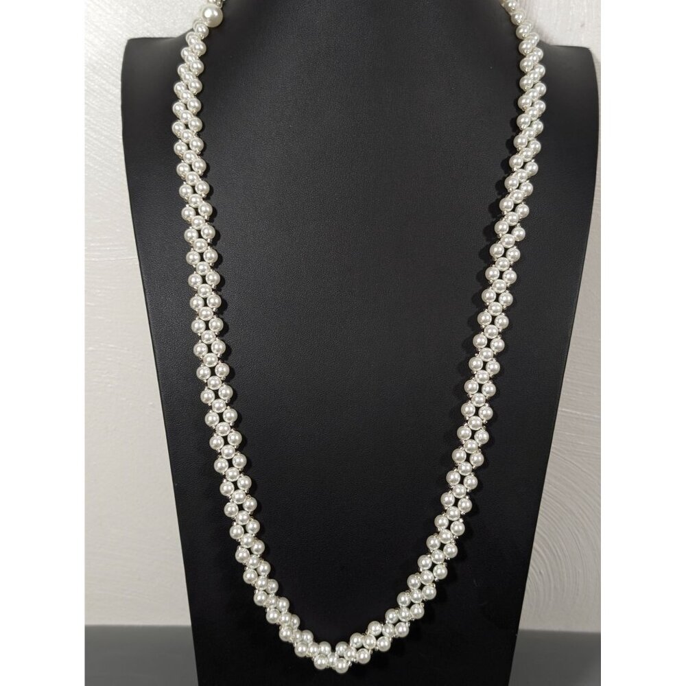 Retro White‎ Faux Pearl Woven Bead Long Layering Necklace 37"